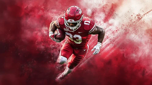 Gridiron runner advances through red particulate background