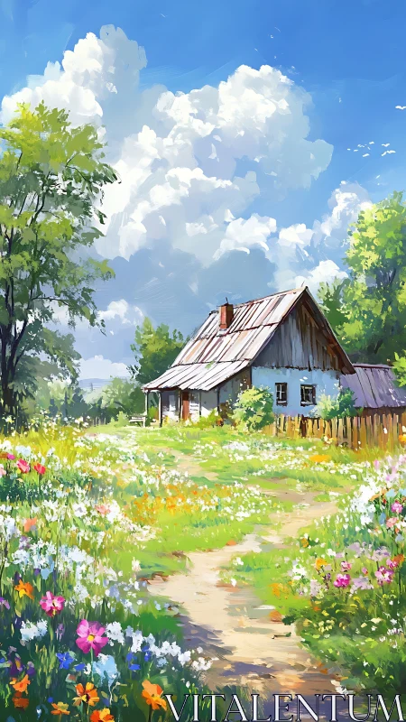 Country cottage stands amid bright summer wildflower field.