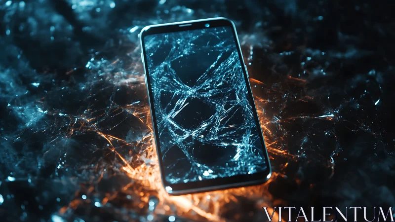 Fractured smartphone glass under bicolor volumetric rim lighting.