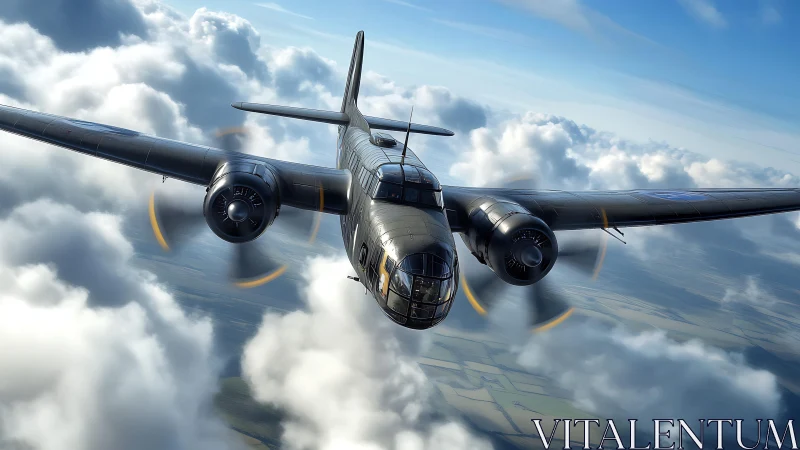 Twin‑engine bomber aircraft cutting through sunlit clouds.