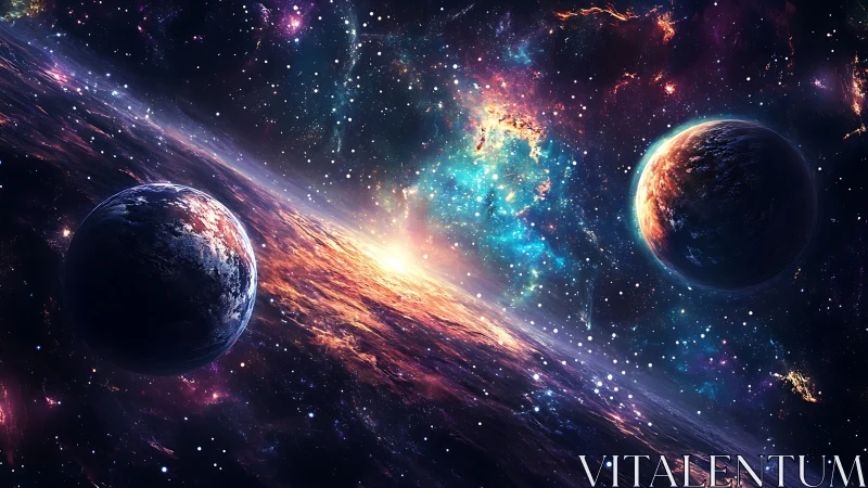 Digital nebula panorama with twin planets and radiant galactic rift.