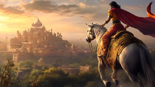 Lone rider on a white horse surveys a radiant hilltop citadel