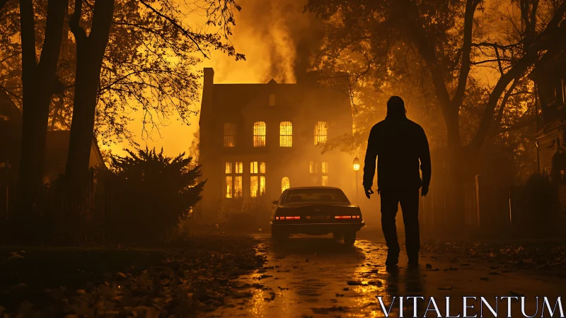 Solitary Figure Approaches Burning Manor in Misty Autumn Night
