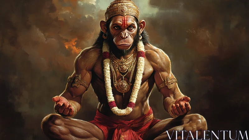 Simian humanoid figure in seated pose with ritual adornment.