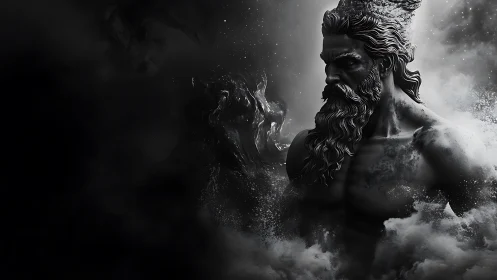Mythic storm deity rendered in monochrome digital painting.