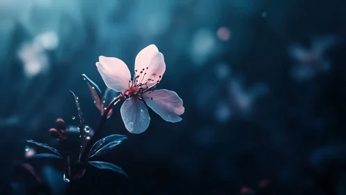 Delicate pale pink blossom with translucent petals illuminated against deep teal bokeh background
