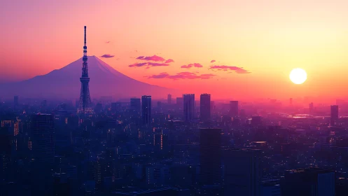 Urban skyline with tower and mountain under low sun