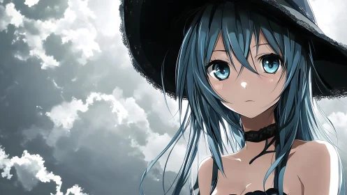 Blue-haired anime girl in wide hat under backlit cloudscape.