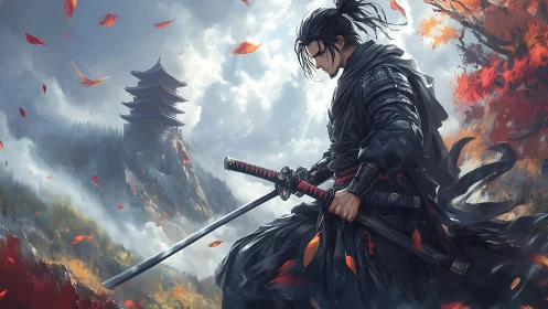 Solitary samurai stands before misted pagoda in autumn gale