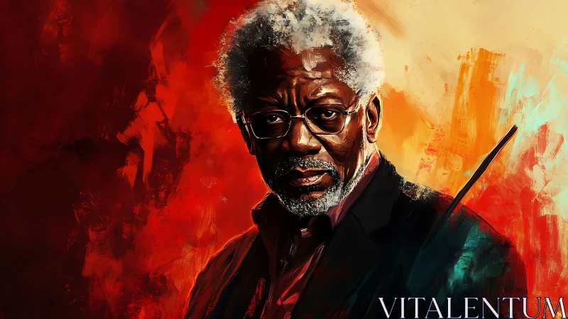 Older man portrait in bold red and orange digital art.