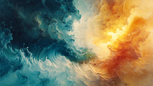 Turbulent teal and amber nebulae merge in dynamic fractal motion