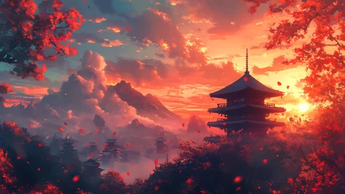 Sunset over mountain pagoda in red autumn landscape.