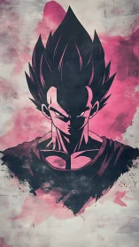 Stylized anime warrior portrait with grunge ink silhouette.