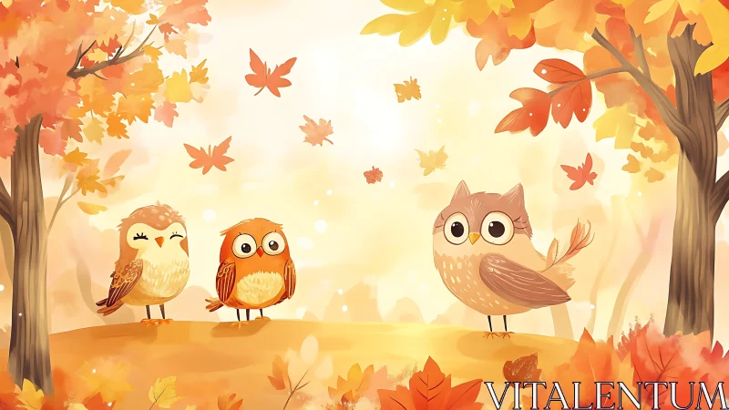 Cute cartoon owls under glowing golden autumn canopy.