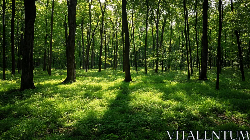 Peaceful sunlit forest with lush green grass in natural style.