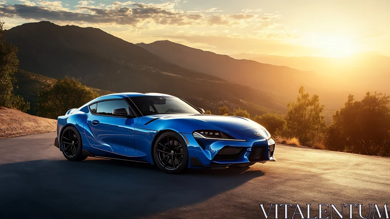 Sunset-tuned blue coupe lounges on a winding mountain road