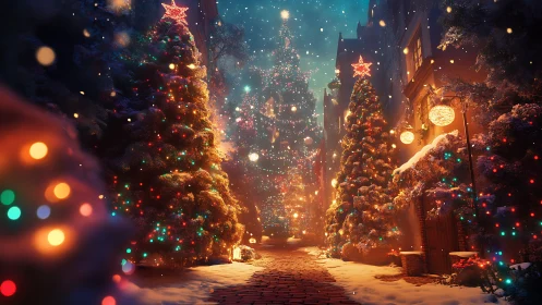 Snowy city street shows illuminated Christmas trees at night
