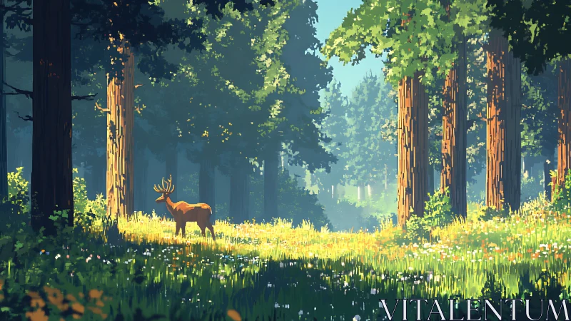Cervid grazing amid towering conifers bathed in golden atmospheric light