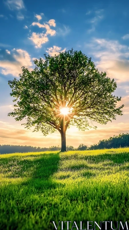 Backlit solitary tree on sunlit meadow at golden hour