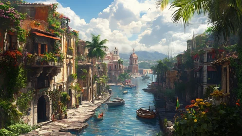 Sunlit canal city with boats and lush rooftop gardens.