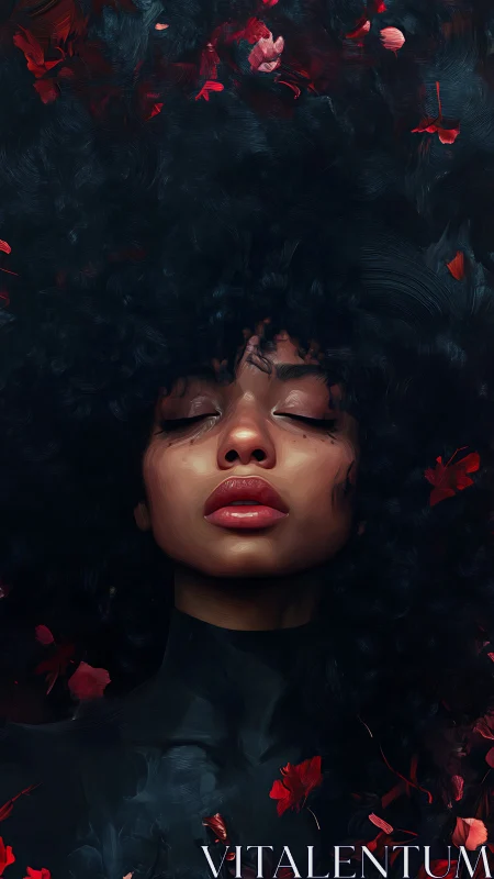 Serene portrait with swirling dark curls and red petals