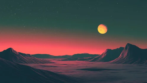 Alien valley beneath neon dusk sky and cratered moon.