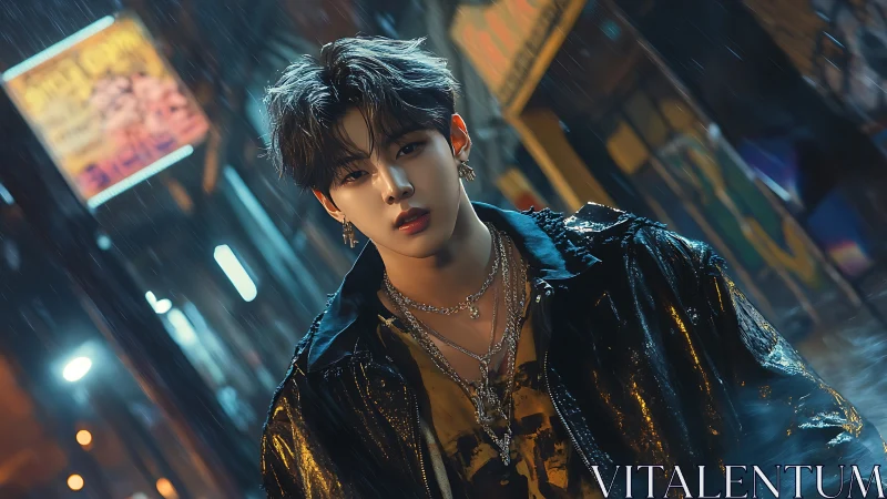 Neon-lit street portrait captures moody night rain atmosphere