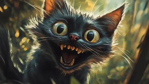 Wide-eyed black cartoon cat with sharp teeth in forest.