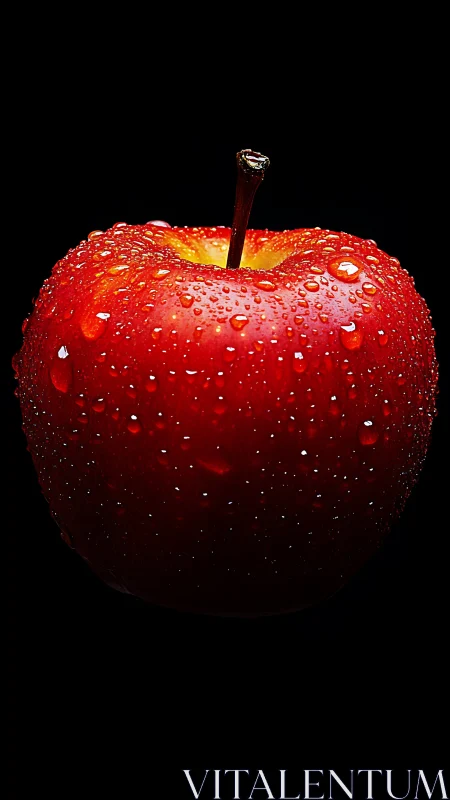 Dewy red apple glowing against a deep black backdrop.