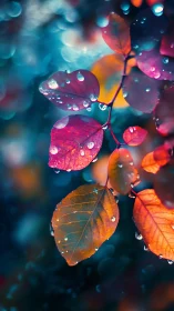 Vertical close-up of wet colorful leaves against blurred bokeh.