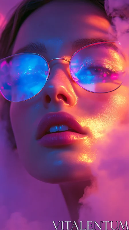 Neon-lit portrait reflects dreamy colors in mirrored glasses.