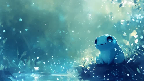 Luminous amphibian study beside reflective riparian waterway.