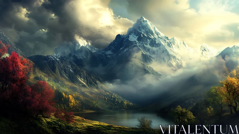 Golden mist over a storybook mountain valley lake at dawn.