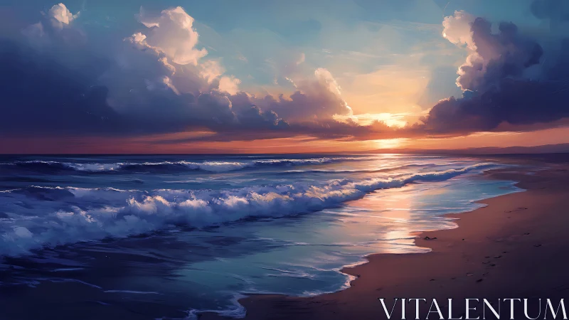 Gentle waves and glowing clouds along a quiet sunset shore.