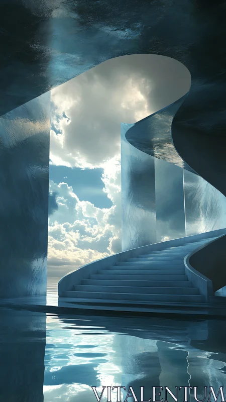 Parametric skyward staircase in reflective aqueous atrium.