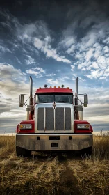 Red semi truck stands bold in a dramatic open field sky