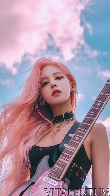 Pink-haired guitarist stands under pastel sky background