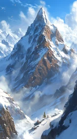 Towering snow peak looms above tiny winter explorers.