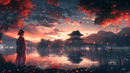 Digital painting of autumn shrine lake at cinematic sunset.