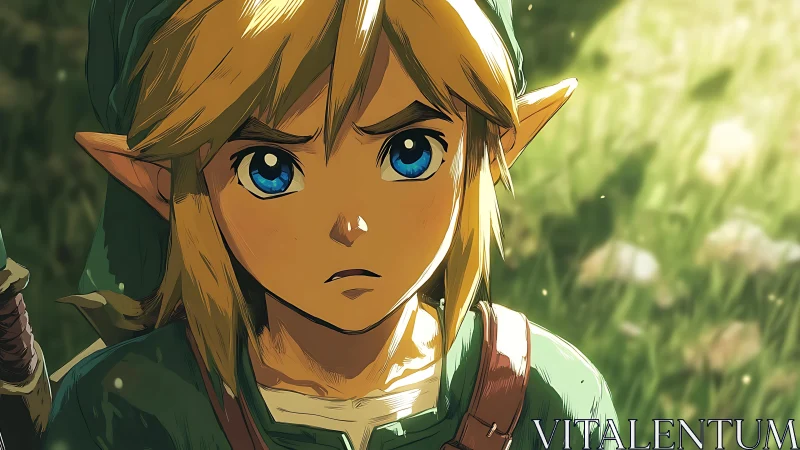 Young elf warrior stares upward under warm forest light