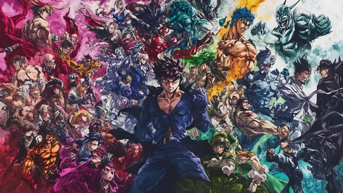 Heroic anime fighters gathered in a fierce, colorful showdown.