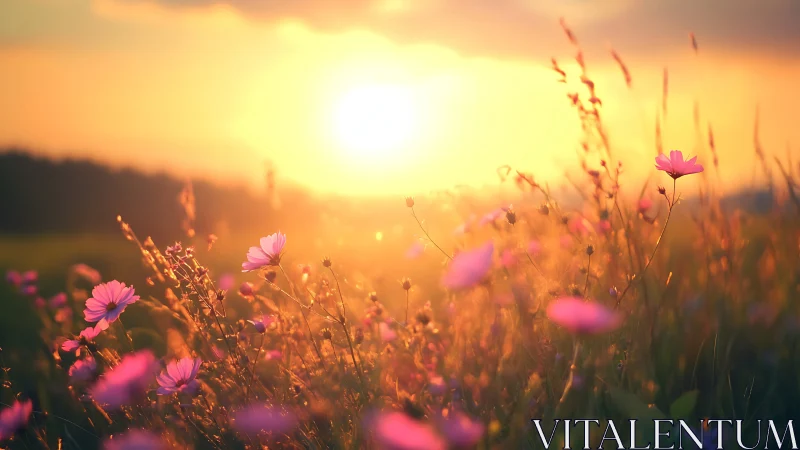 Wildflowers occupy foreground under low-angle backlit sun