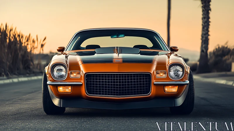 Classic orange muscle car faces camera on empty road at dusk