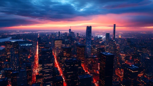 Neon dusk over a vast futuristic metropolis skyline.