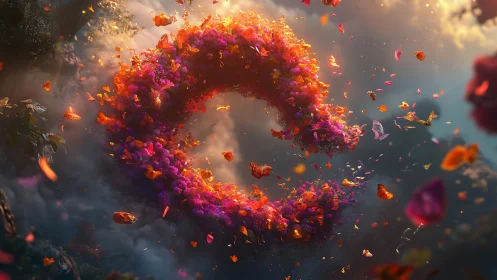 Whirling ring of glowing petals in a dreamy twilight sky.