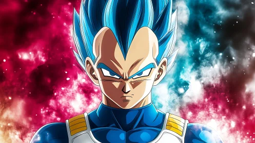 Blue-haired anime warrior portrait with cosmic energy field