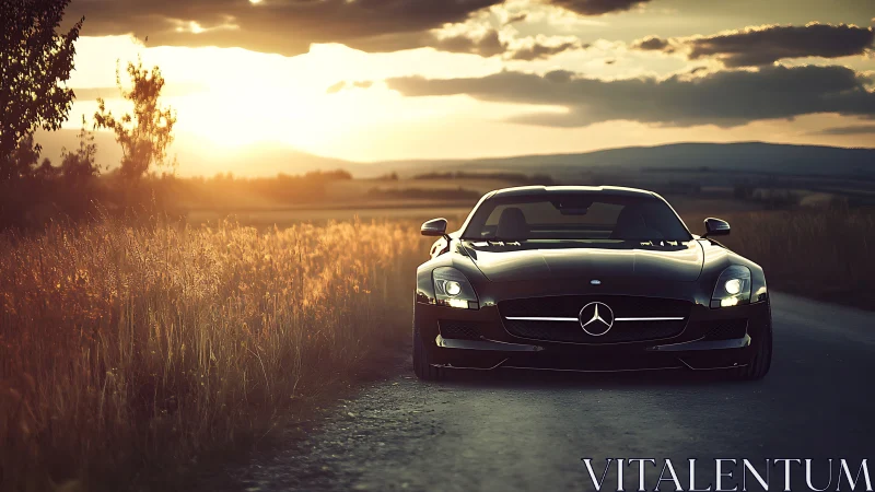 Photorealistic front-view sports car at golden hour on rural road.