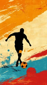 Color-splashed soccer silhouette dancing across bold strokes.