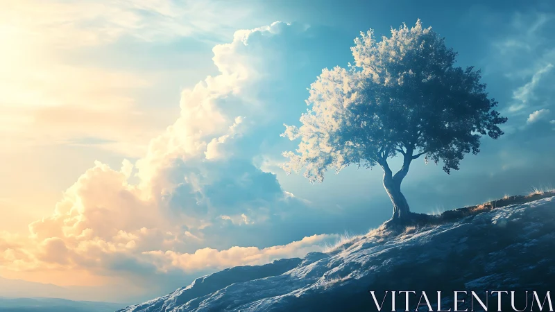 Solitary hilltop tree against luminous sunrise sky.