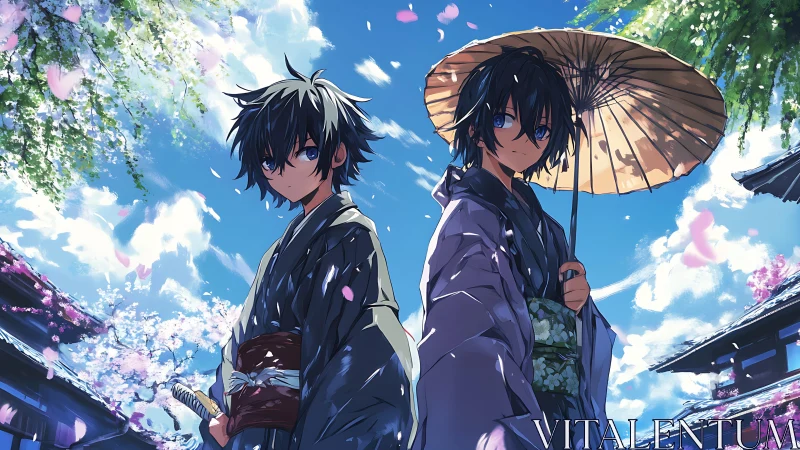 Two kimono-clad youths under clear sky with petals falling.